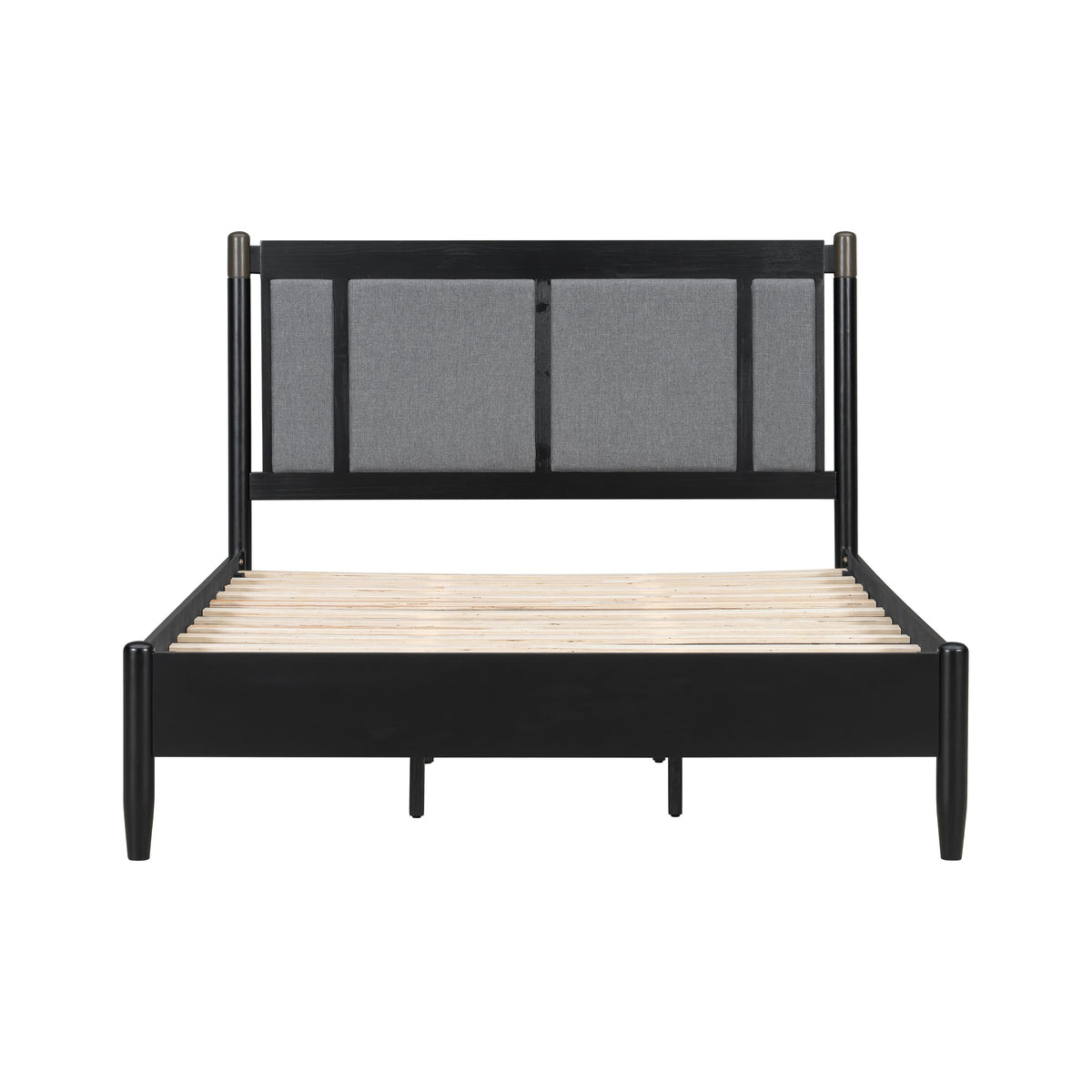 Solid Wood Queen Bed with 500 lbs Support and Fabric Headboard - Dark Grey