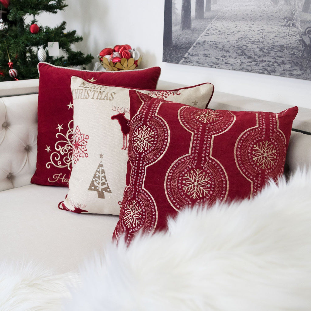 Holiday Throw Pillow with Snowflake Embroidery - 20x20 Inch