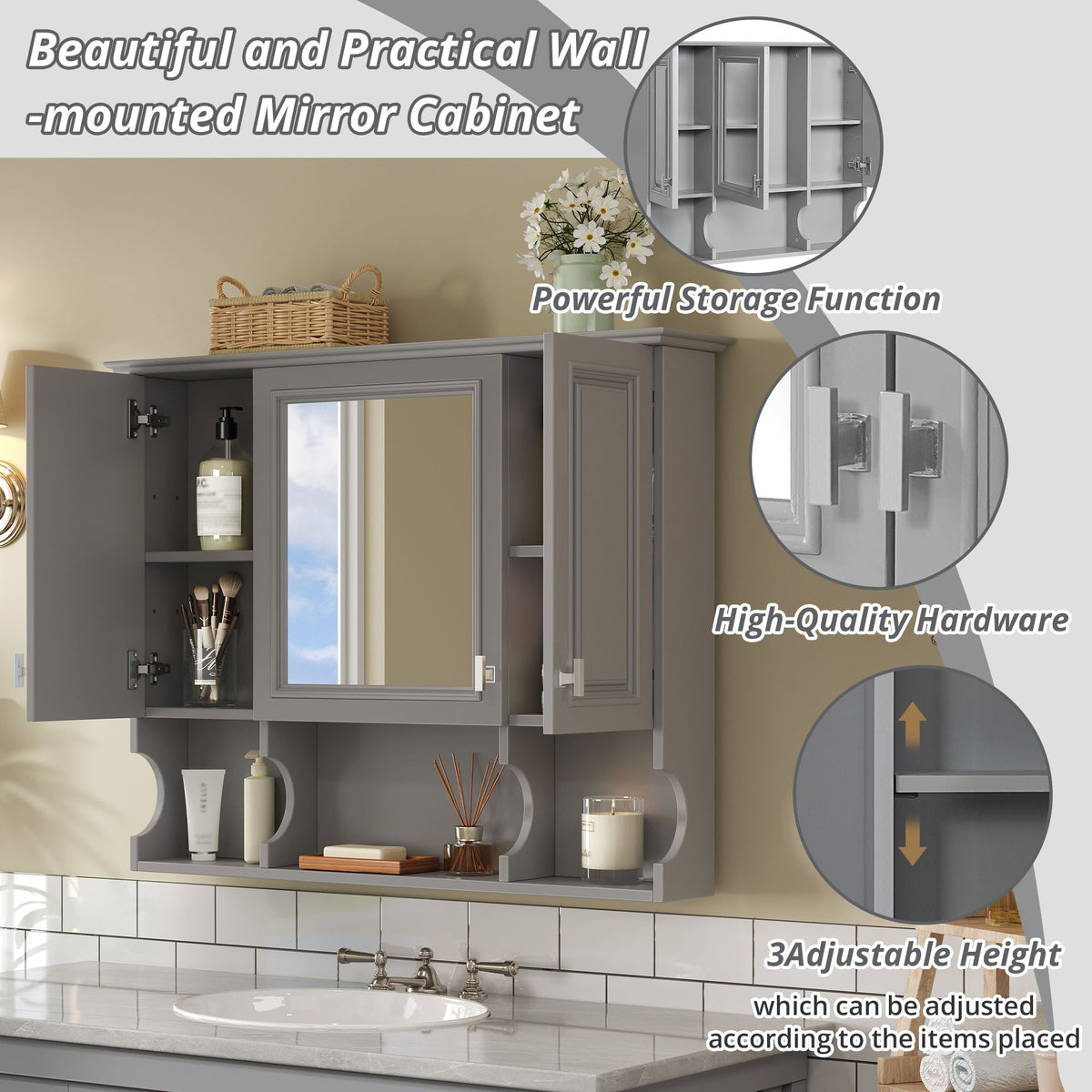 Wall Mounted Bathroom Medicine Cabinet With Mirror & Open Shelves
