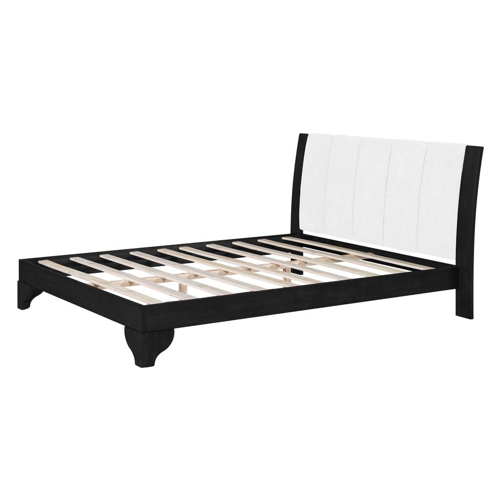Queen Size Bed Frame with Upholstered Headboard - Black & White Pine