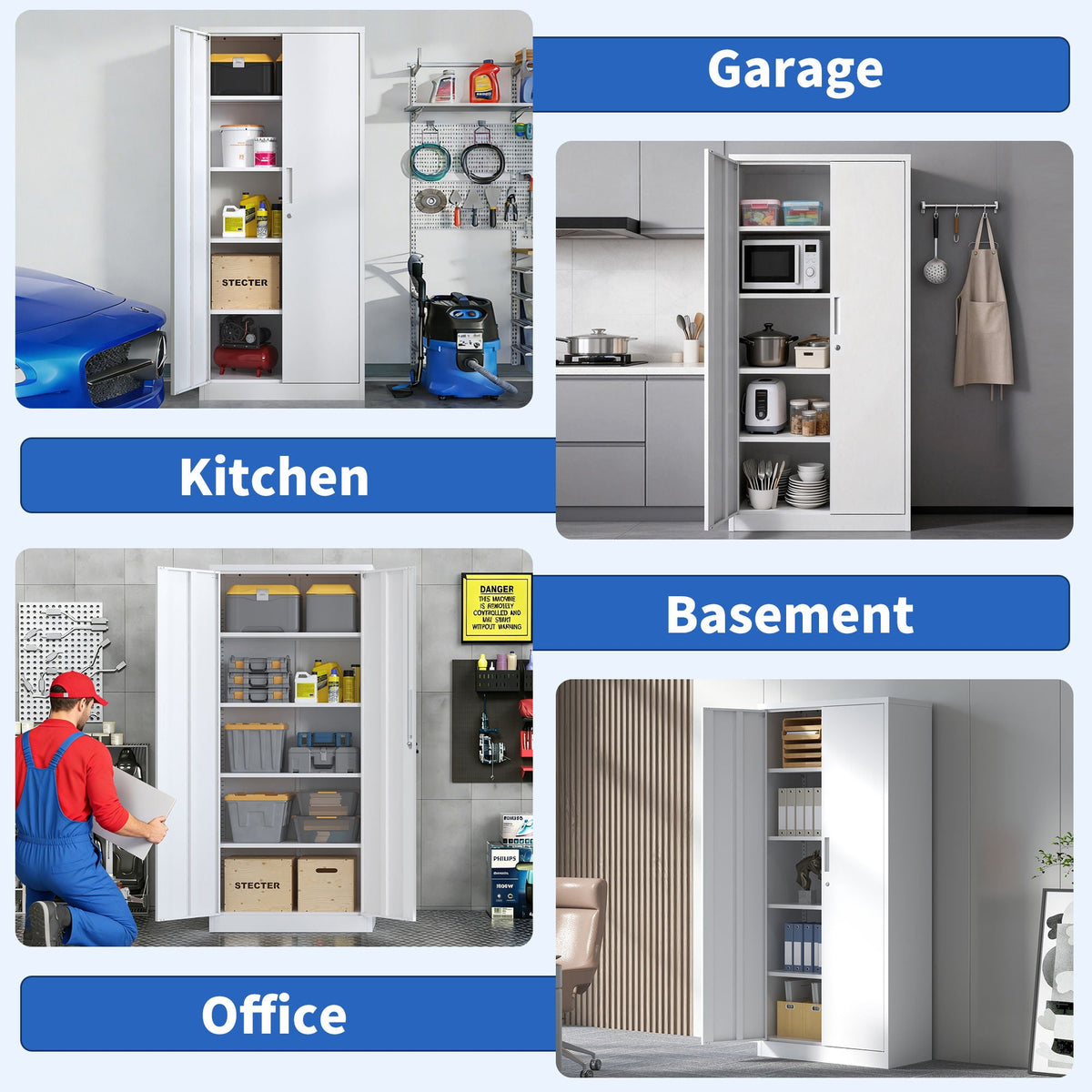 Steel Garage Storage Cabinet with Adjustable Shelves and Lock – Black or White