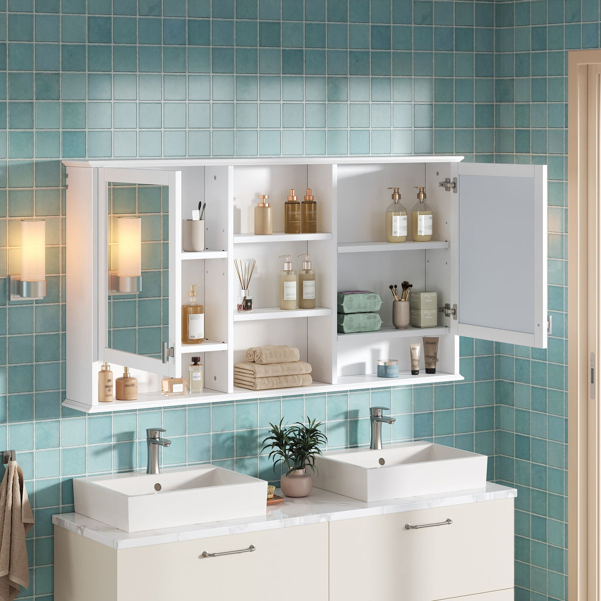 Wall Mount Mirror Cabinet with Adjustable Shelves - White
