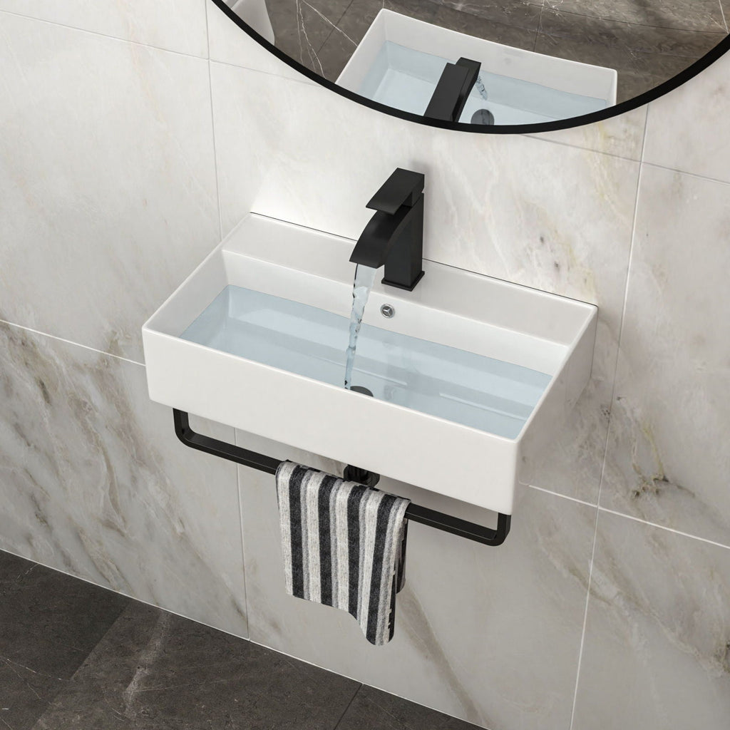 Wall Mounted Rectangular Bathroom Sink with Towel Bar - Black or Gold