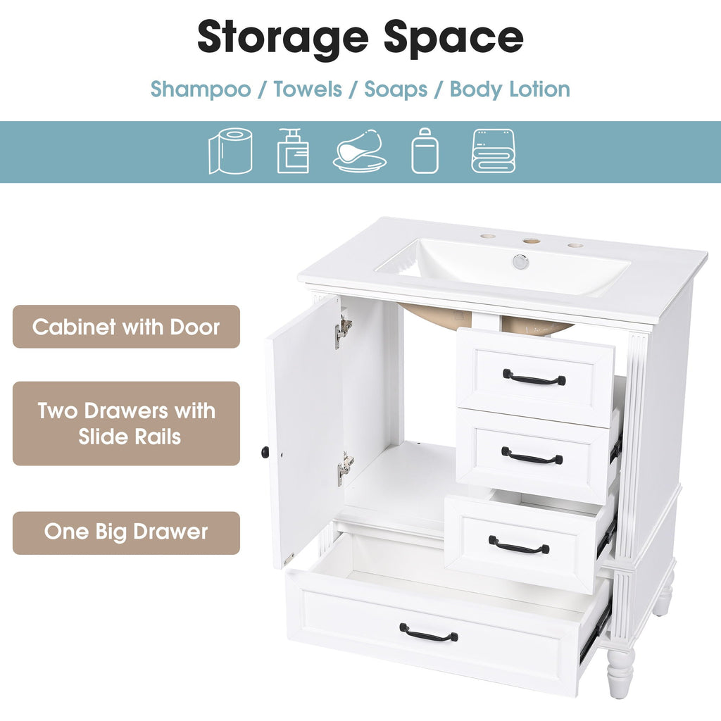 30" Bathroom Vanity with Sink and Soft-Close Drawers - White or Black