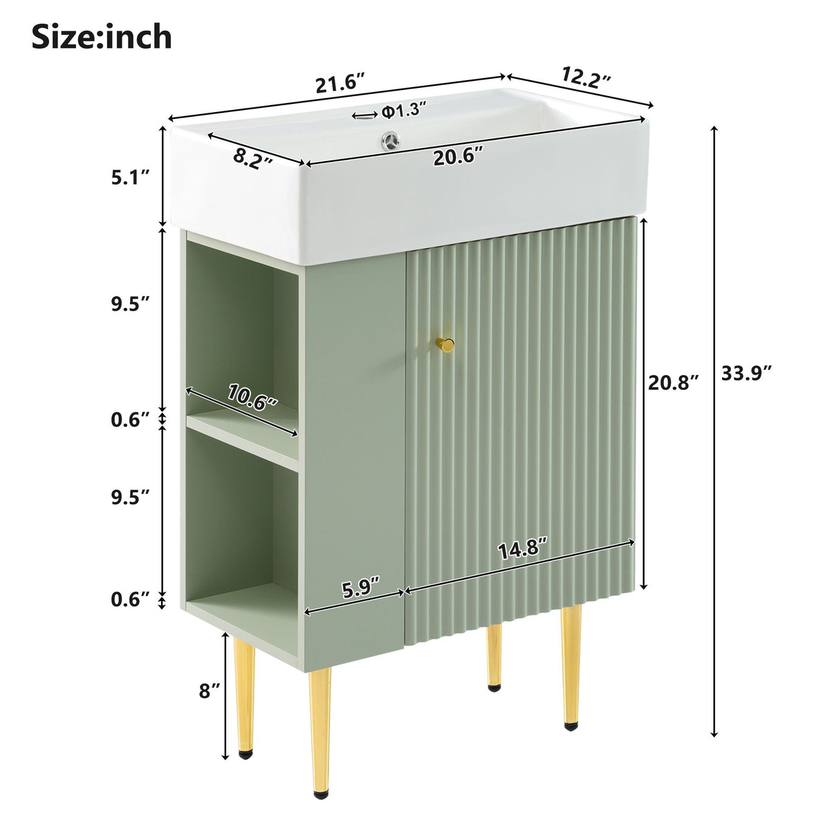 Bathroom Vanity with Single Ceramic Sink and Side Storage - Multiple Colors