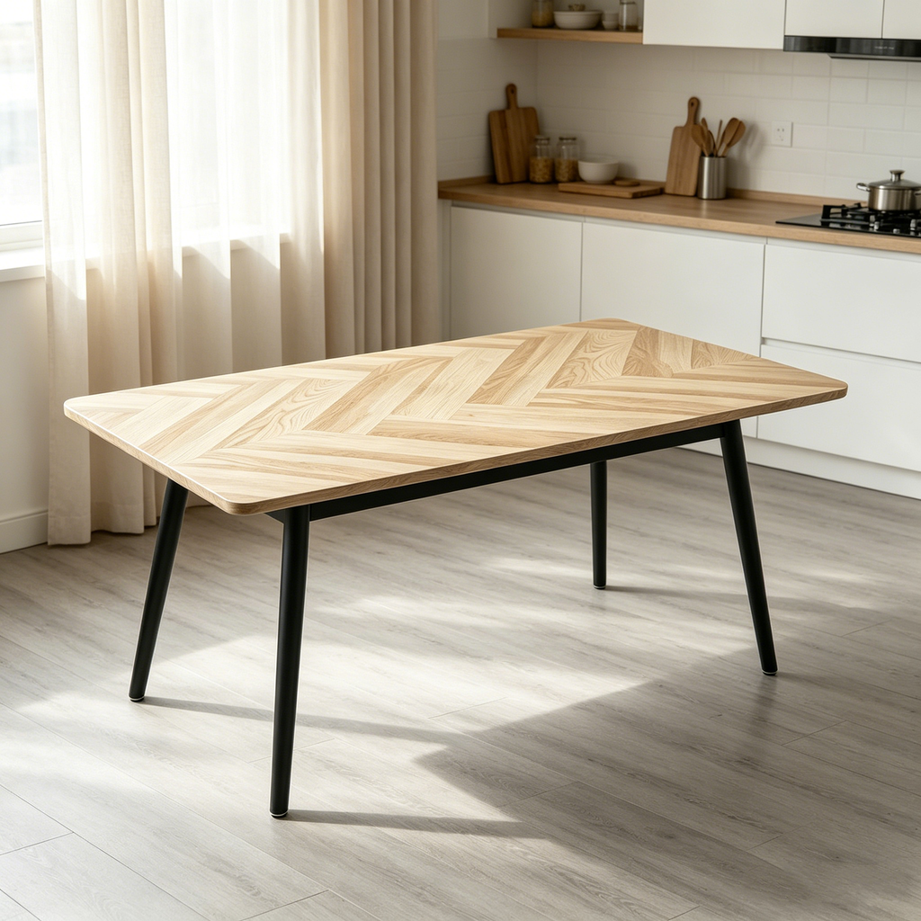 Modern Minimalist MDF Dining Table with Sleek Metal Frame - Wood Color