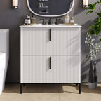 Bathroom Vanity With Ceramic Sink and Fluted Design - Dark Green, White, Light Brown