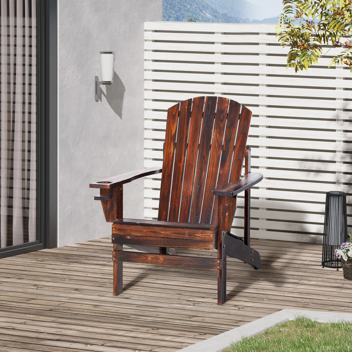 Wooden Adirondack Chair Patio Seating with Cup Holder - Natural Wood