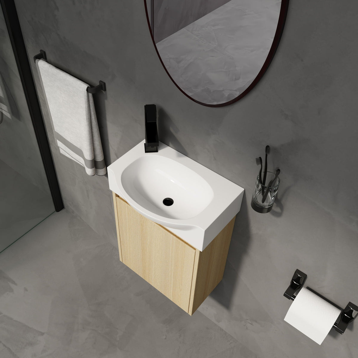 Modern Bathroom Vanity with Ceramic Basin and Storage Cabinet - Light Brown, Black, or White