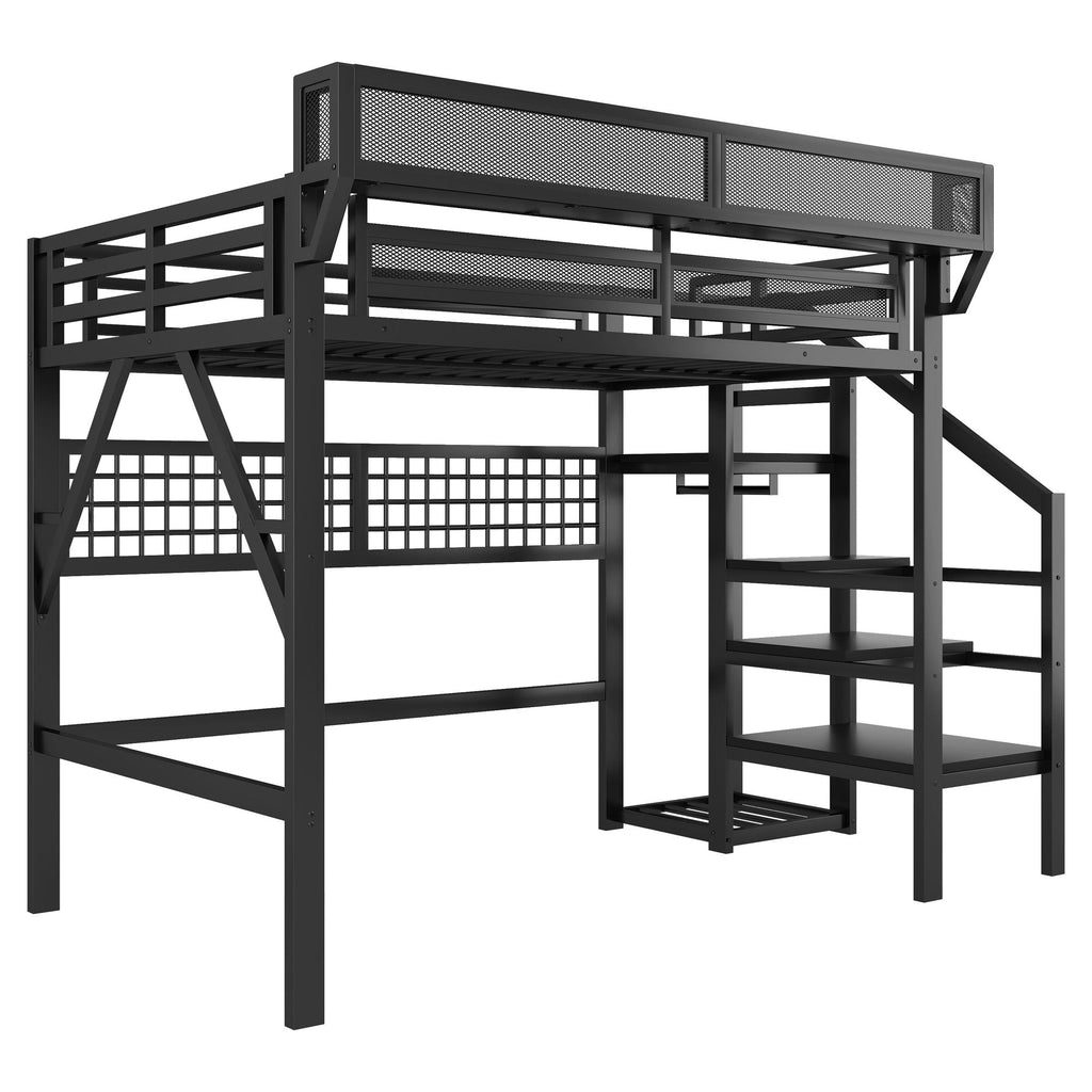 Black Loft Bed with Stairs, Storage Shelf, and LED Lighting