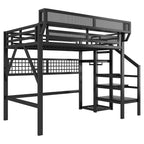 Black Loft Bed with Stairs, Storage Shelf, and LED Lighting