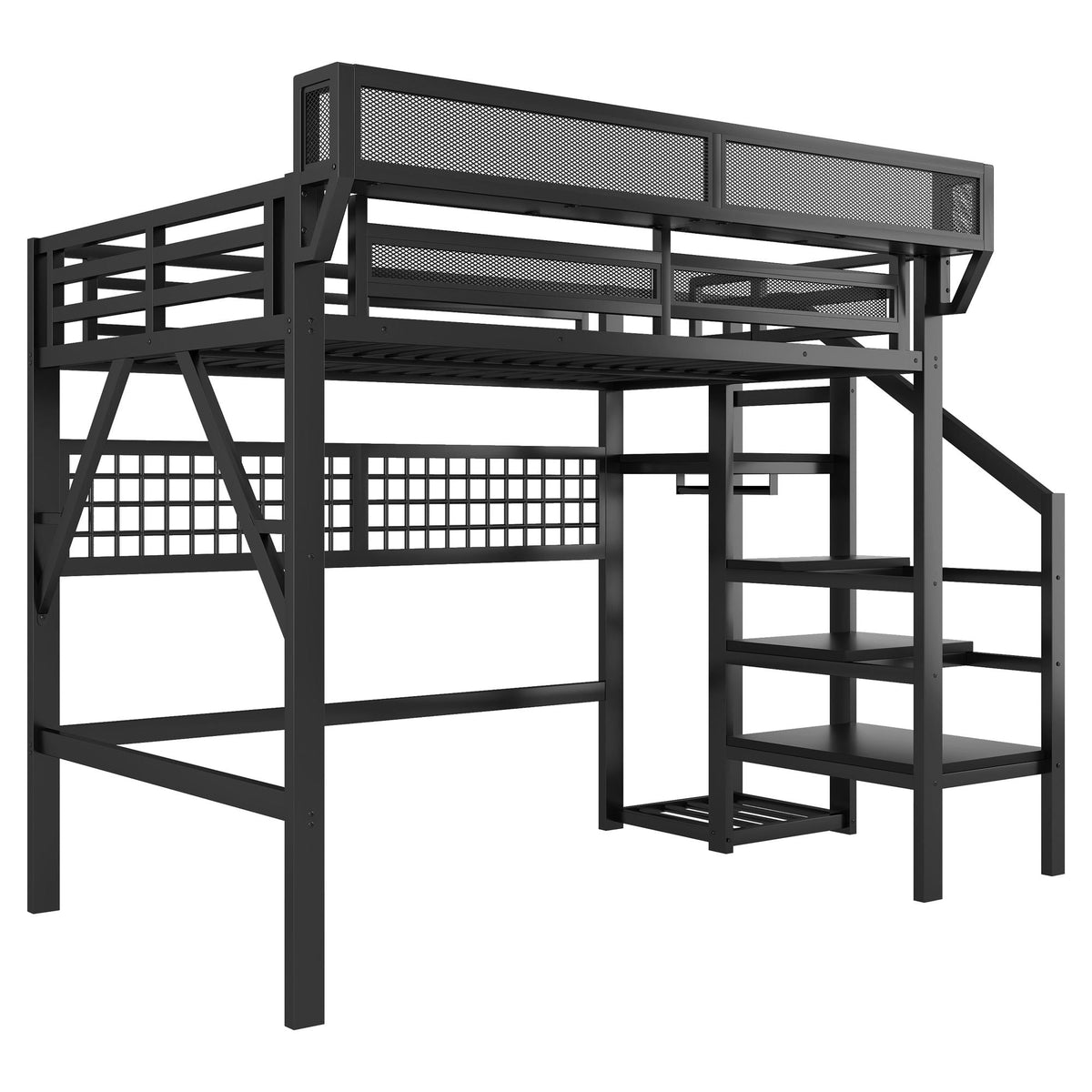 Black Loft Bed with Stairs, Storage Shelf, and LED Lighting
