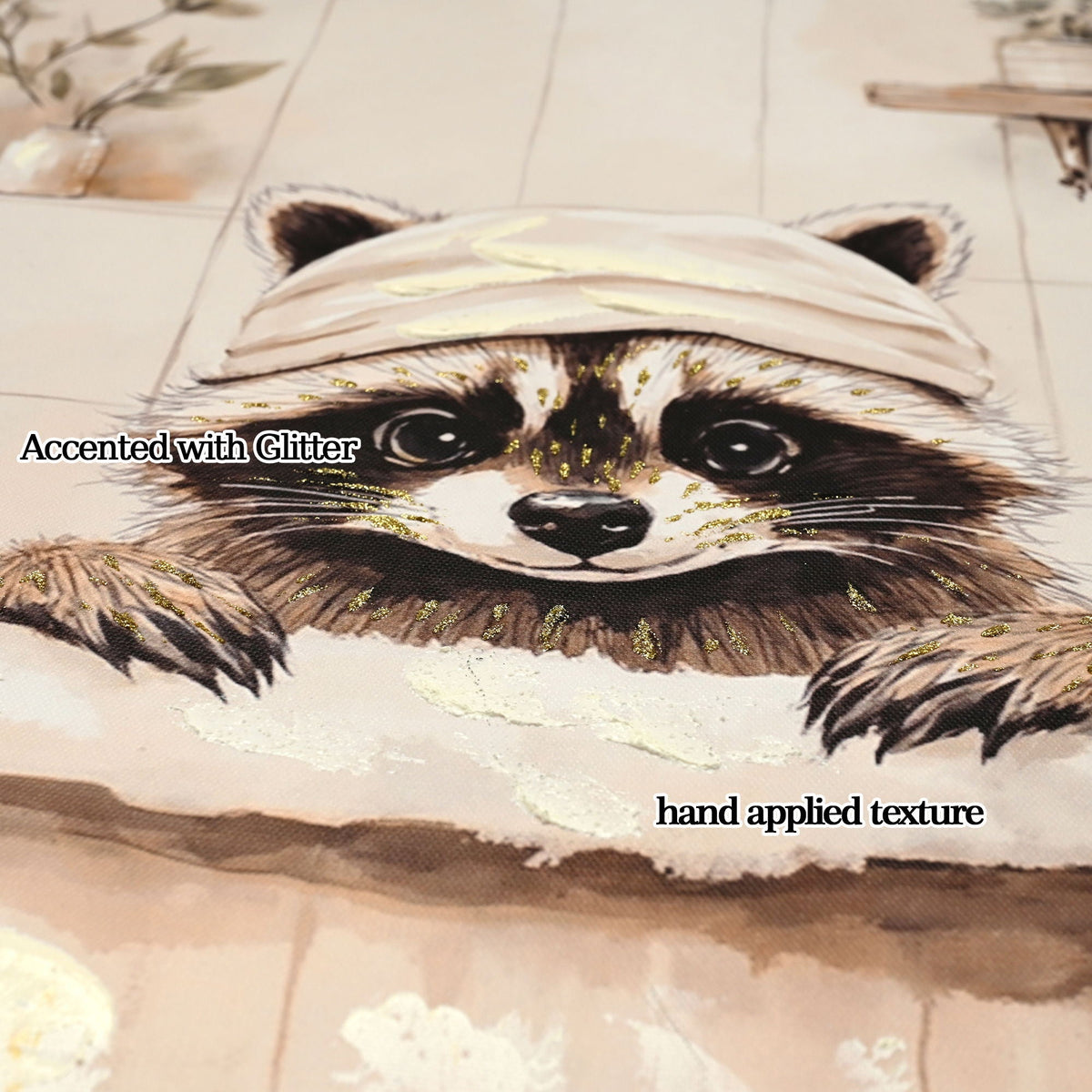 Raccoon Bathroom Canvas Wall Art with Hand-Painted Details - Black / Ivory