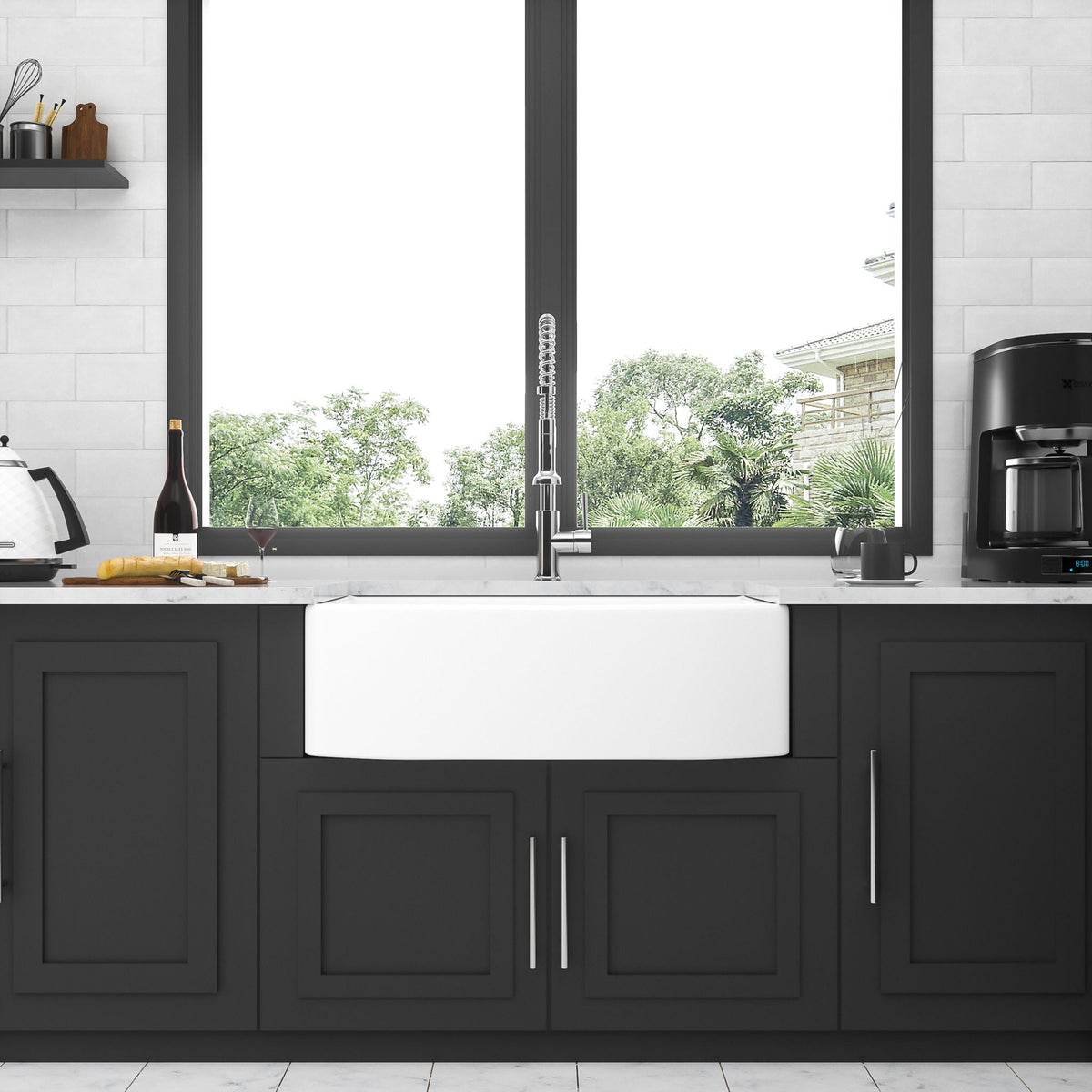 Ceramic Farmhouse Sink Apron Front Single Bowl with Arch Edge - White