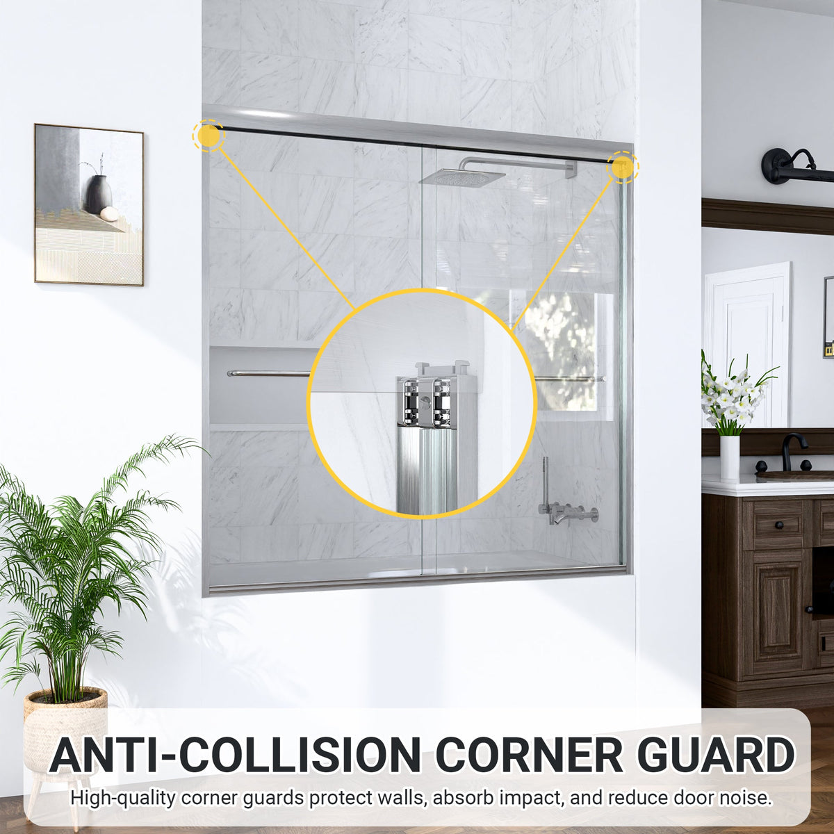 Semi-Frameless Double Sliding Shower Door with Smooth Stainless Steel Rollers - Brushed Nickel