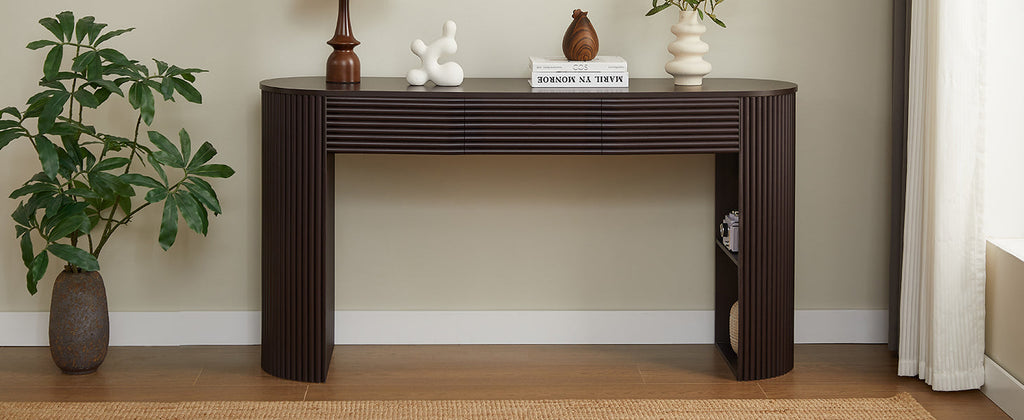Retro Console Table with Storage and 3 Drawers - Espresso or Natural