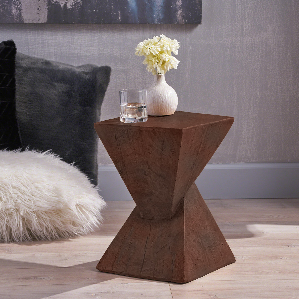 TESS Modern Side Table with Wood-Like Texture - Dark Brown or Light Gray