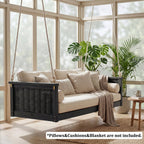 Solid Wood Twin Size Swing Bed with Handwoven Rattan - Natural Wood