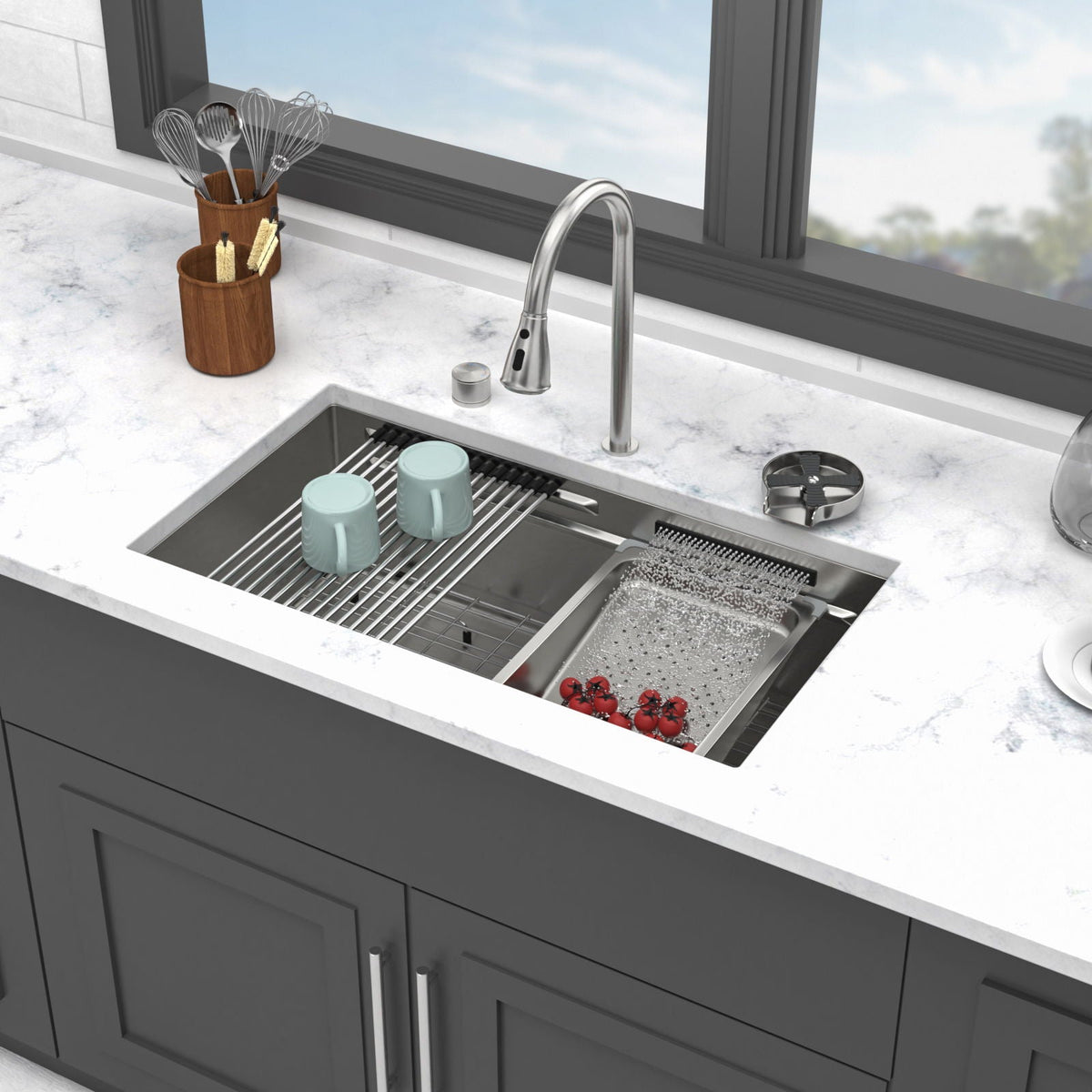 Undermount Stainless Steel Kitchen Sink with Pull Down Faucet & Ledge Workstation - Gray or Black