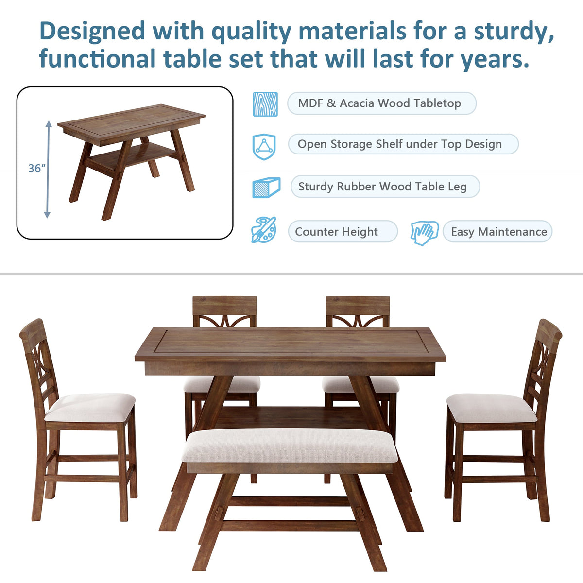 Counter Height 6-Piece Wood Dining Set with Storage Shelf - Walnut