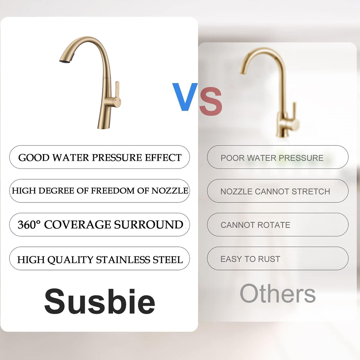 Stainless Steel Pull Out Kitchen Faucet with High Arch Spout - Black or Gold