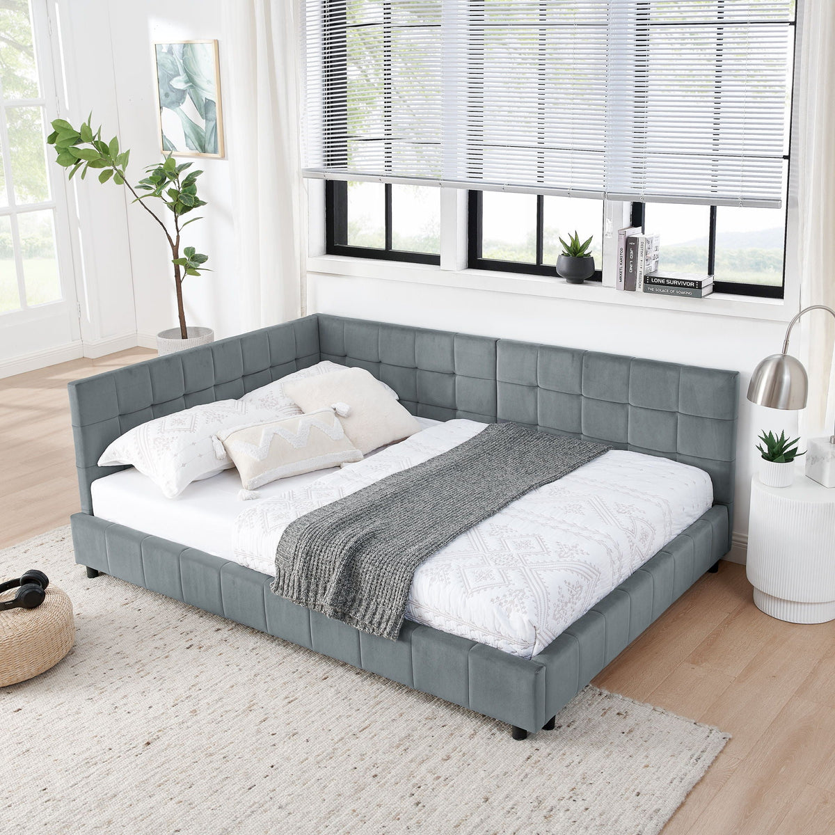 Mid-Century Storage Upholstered Tufted Bed Frame with Backrest and Armrests - Multiple Colors