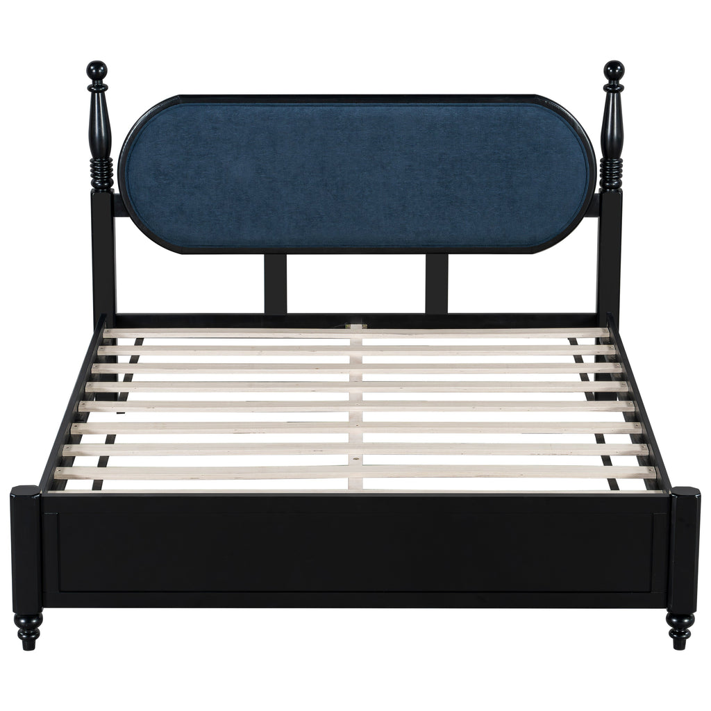 Queen Bed Frame Solid Wood Platform with Upholstered Headboard - Black, Navy Blue