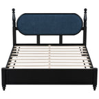 Queen Bed Frame Solid Wood Platform with Upholstered Headboard - Black, Navy Blue