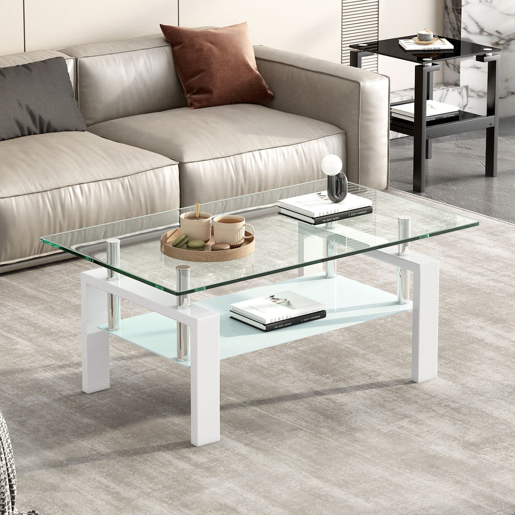 Tempered Glass Coffee Table with Storage - Black or White