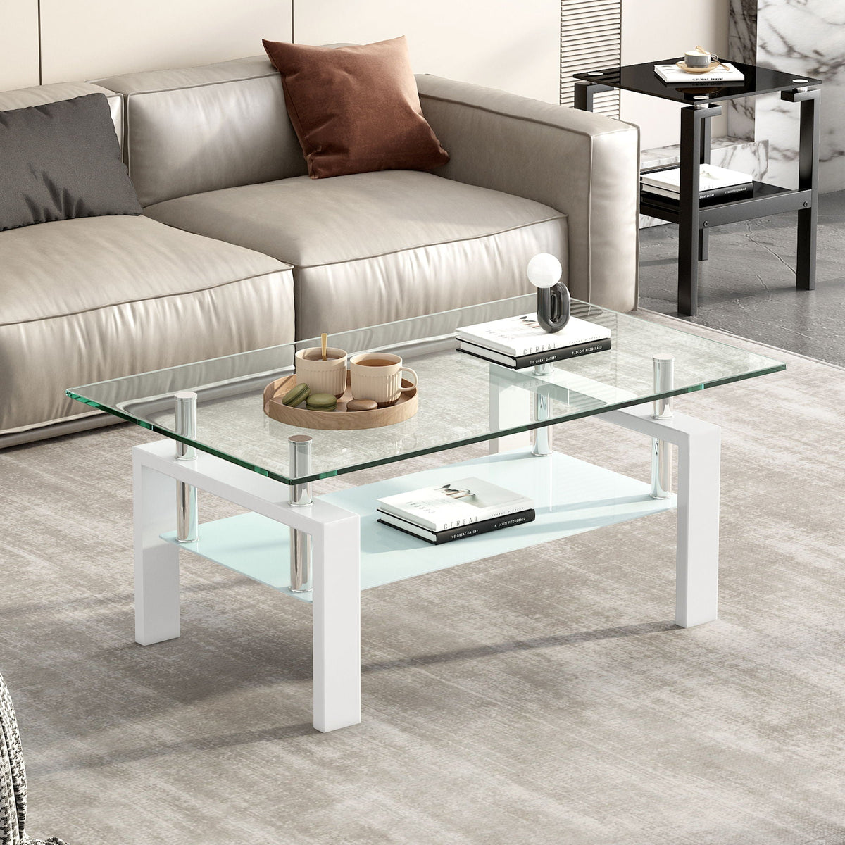 Tempered Glass Coffee Table with Storage - Black or White