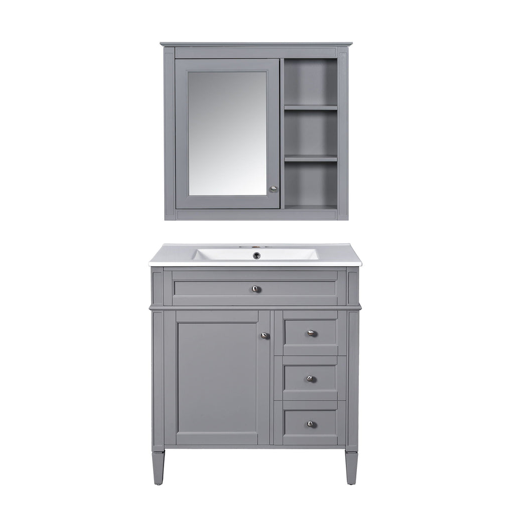 Gray Bathroom Vanity with Ceramic Sink, Storage Cabinet & Mirror