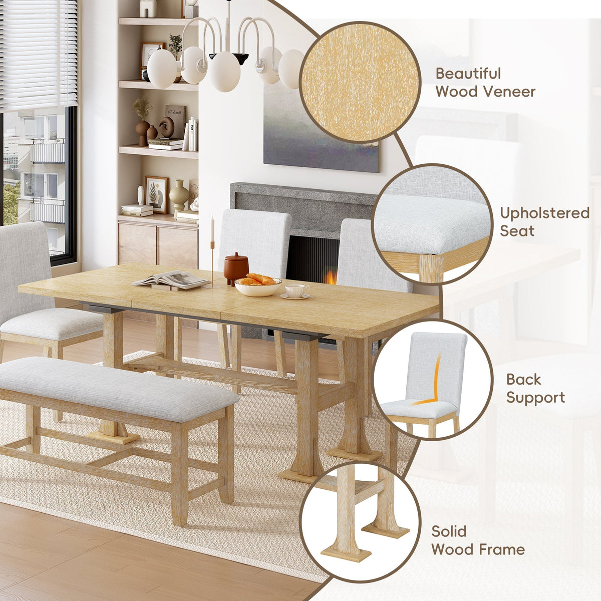 Natural Solid Wood Extendable Dining Set with Bench Seating - 6 Piece