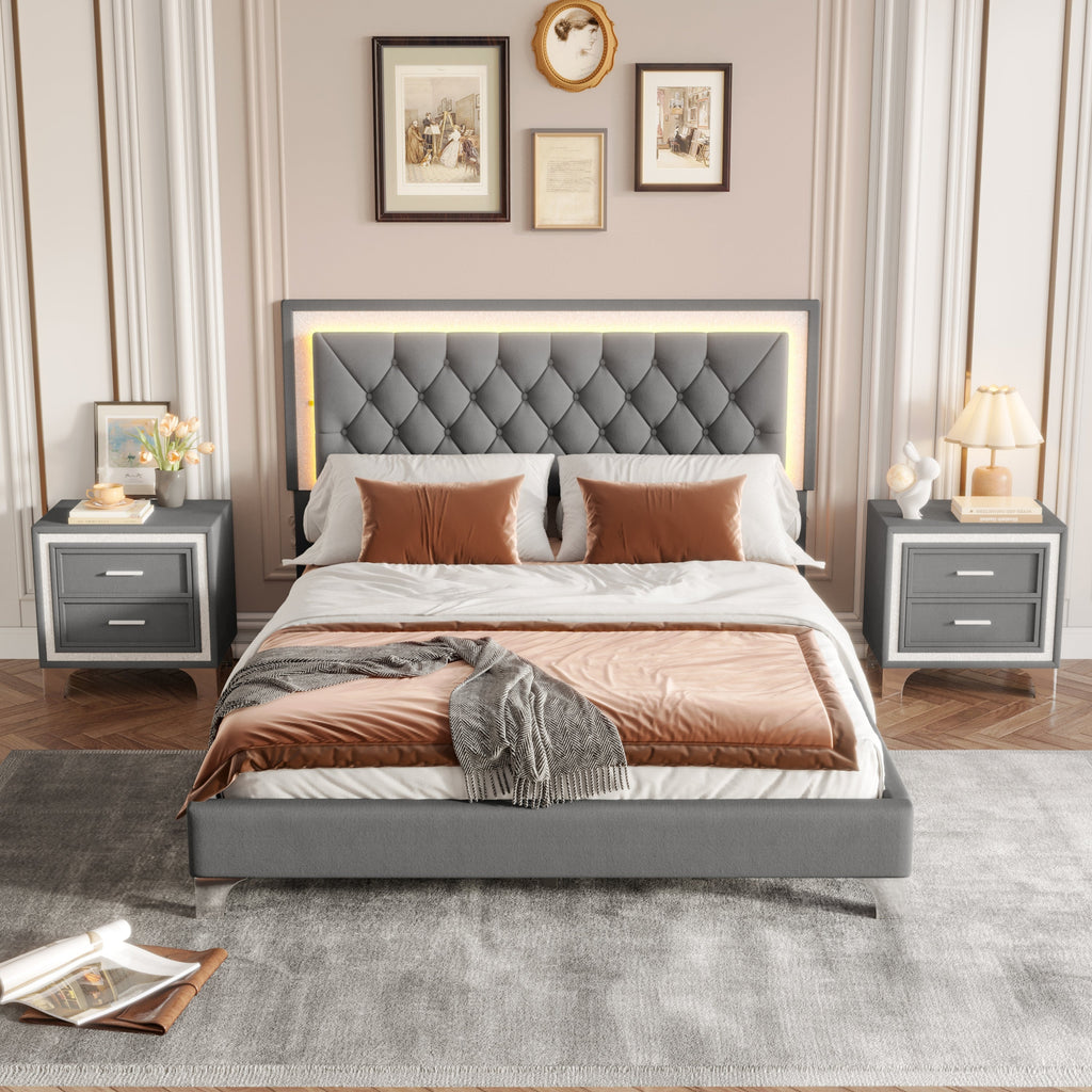 Queen Upholstered Platform Bed with LED Lights - 3-Piece Set, Gray