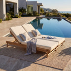 Light Teak Acacia Wood Double Chaise Lounger Set with Adjustable Backrests - Cream
