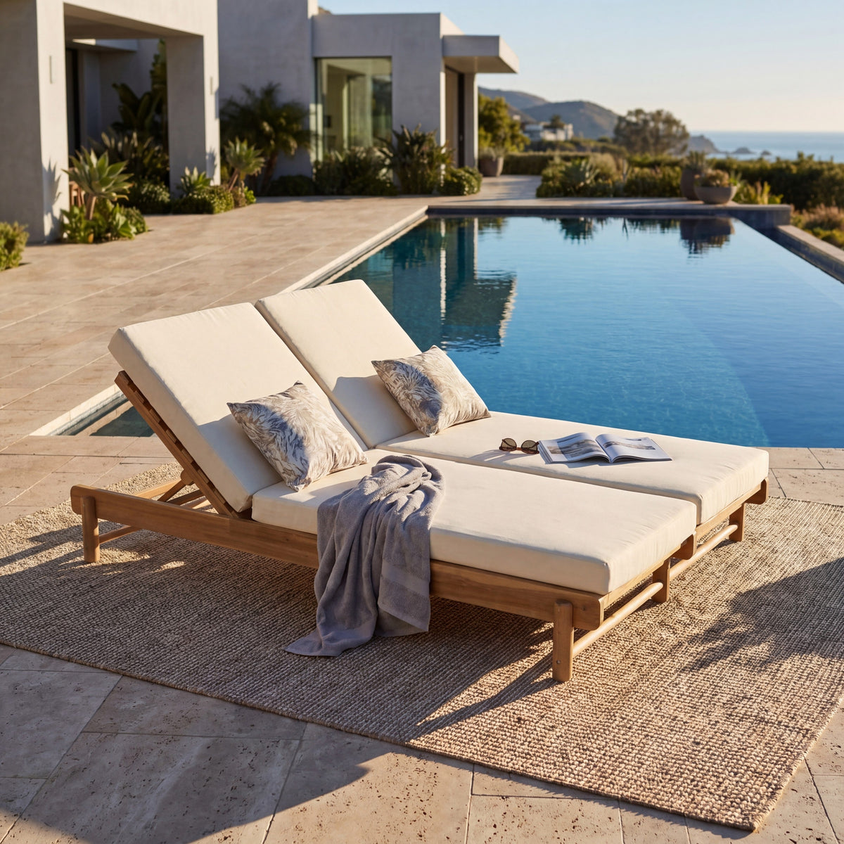 Light Teak Acacia Wood Double Chaise Lounger Set with Adjustable Backrests - Cream