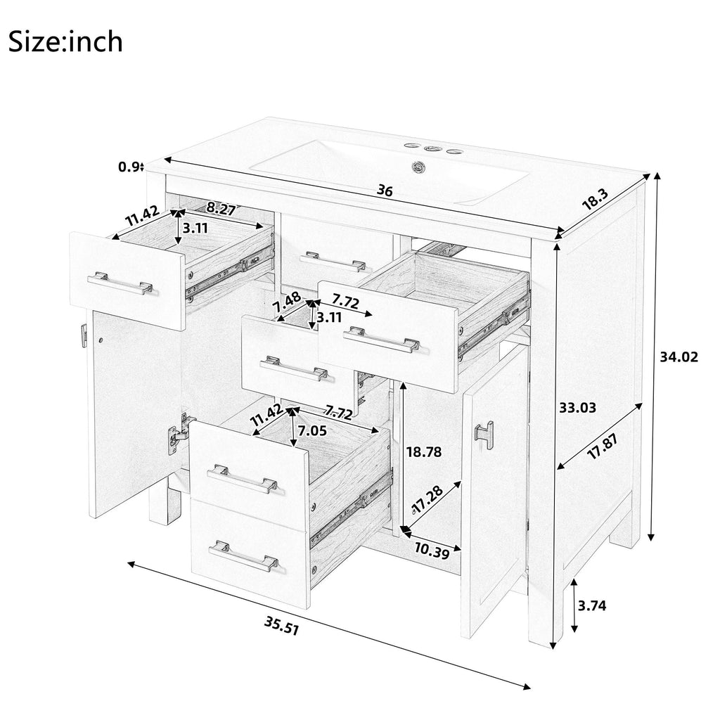 Modern Bathroom Vanity With 36" Resin Sink – 4 Drawer Storage Cabinet