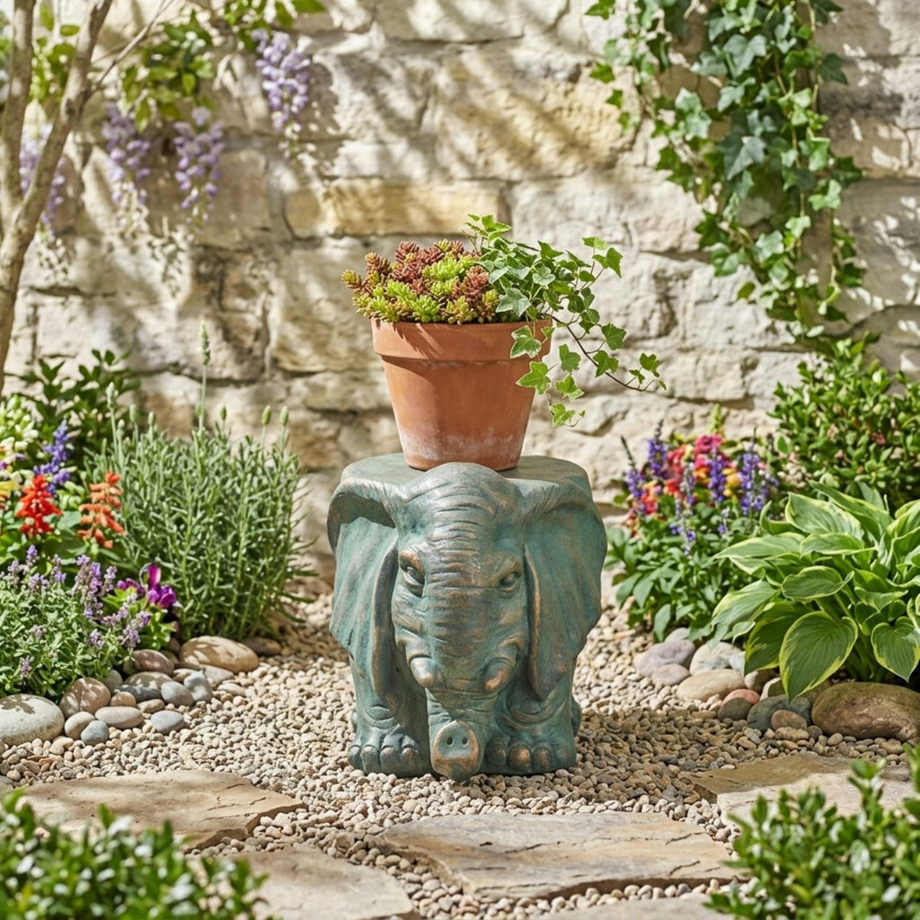 Elephant Garden Stool with Distressed Copper Patina Finish - Outdoor Accent Table