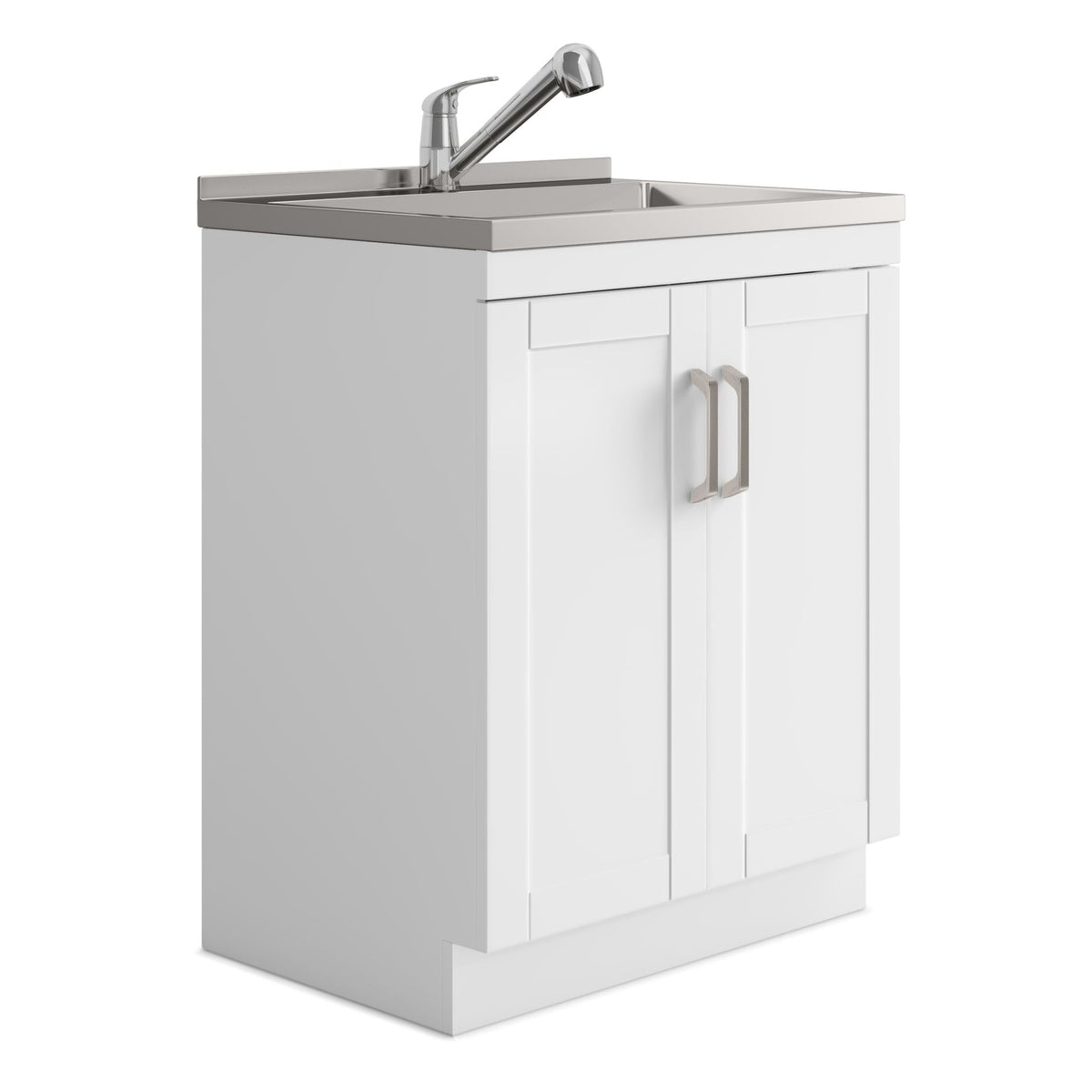 White Laundry Cabinet with Stainless Steel Sink and Pull-Out Faucet