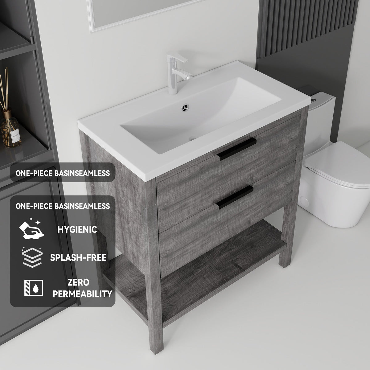 36 Inch Freestanding Bathroom Vanity with Ceramic Sink and Soft-Close Drawer - Grey