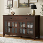 Large 4 Door Sideboard Buffet with Glass Doors - Russet Brown