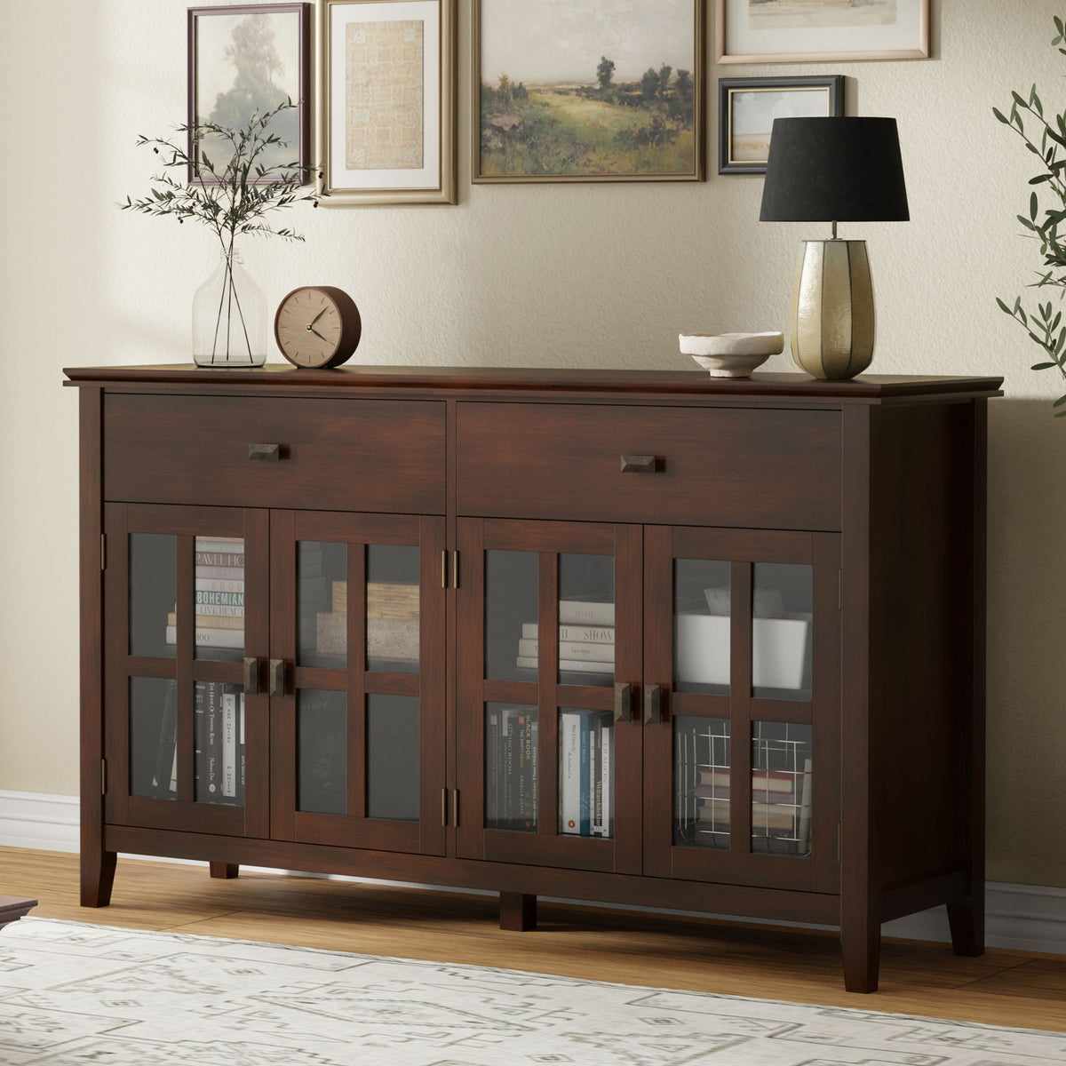 Large 4 Door Sideboard Buffet with Glass Doors - Russet Brown