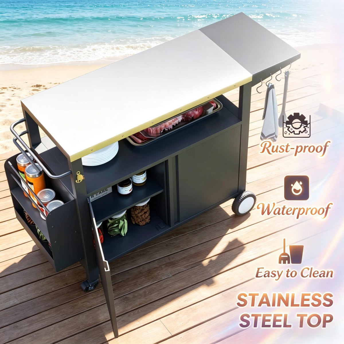 Stainless Steel Movable Kitchen Island with Foldable Side Table - Silver