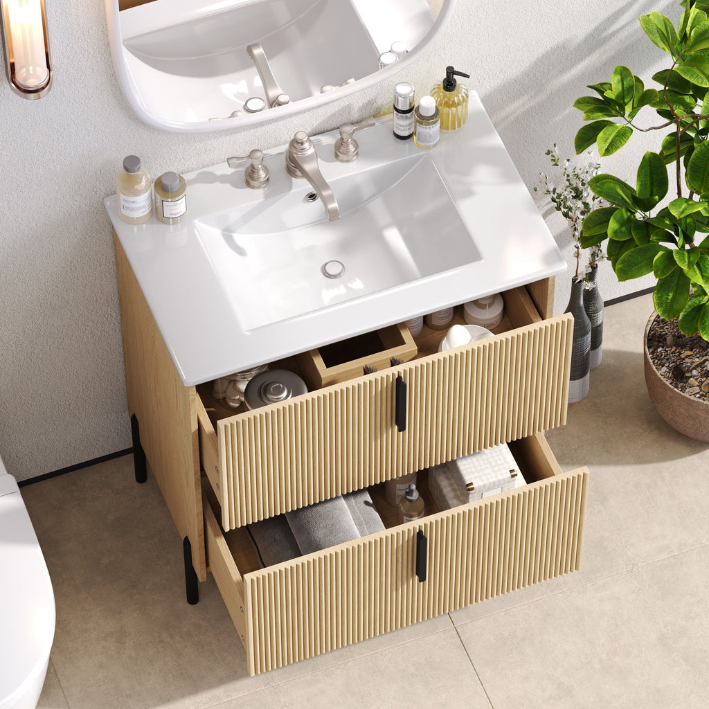Bathroom Vanity With Ceramic Sink and Fluted Design - Dark Green, White, Light Brown