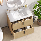 Bathroom Vanity With Ceramic Sink and Fluted Design - Dark Green, White, Light Brown