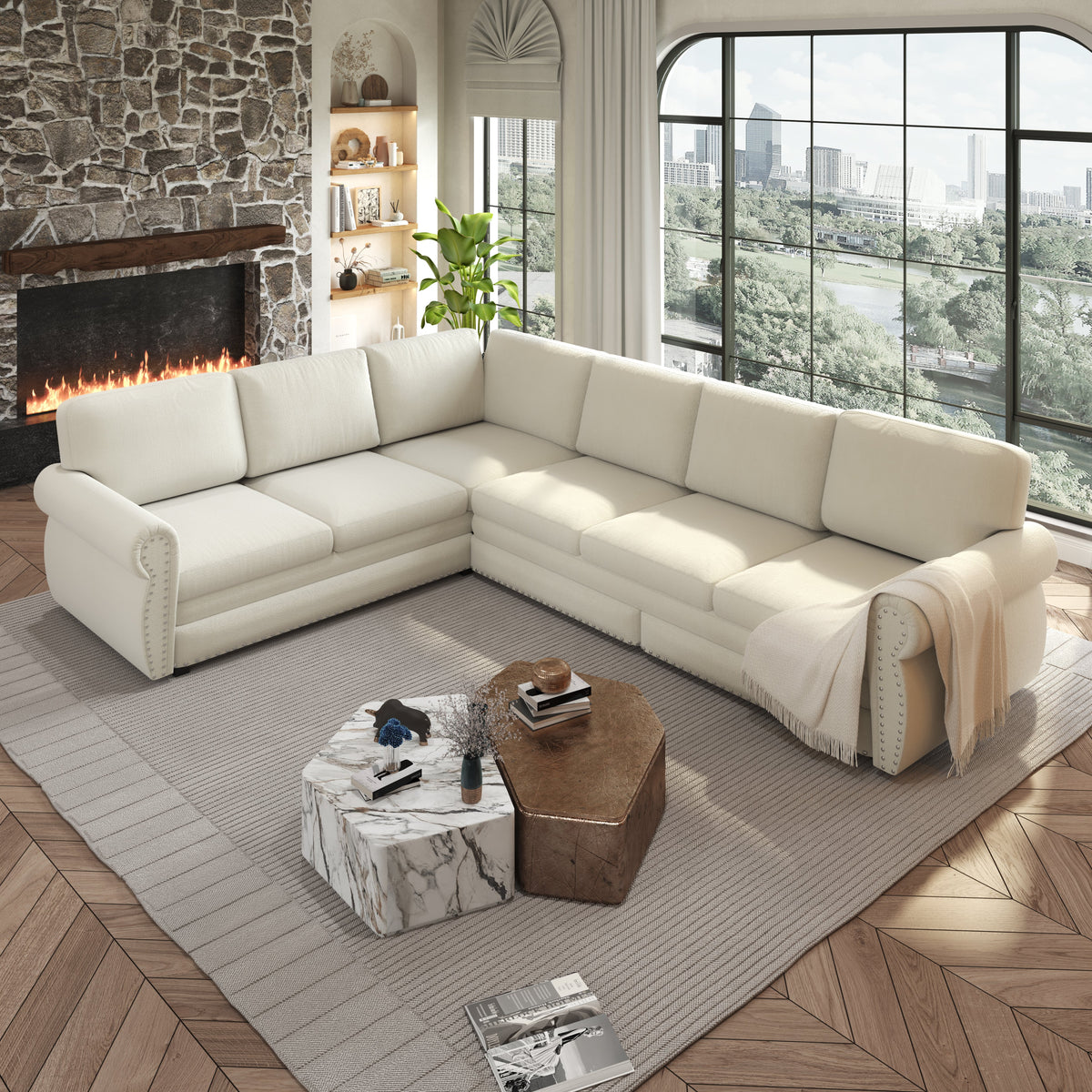 118" L-Shaped Convertible Sofa Bed with Pull-Out Bed - Chenille