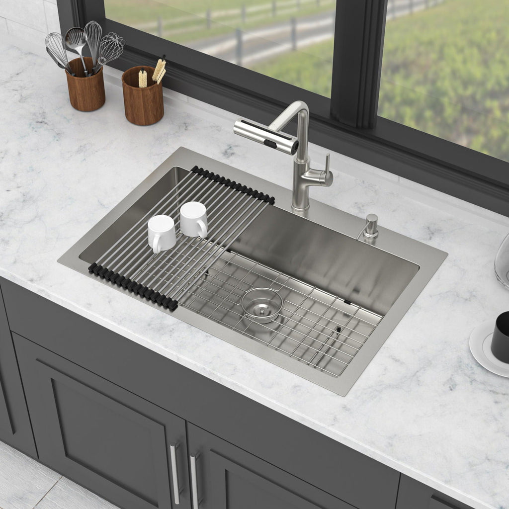 Brushed Nickel Drop-In Kitchen Sink with Pull-Out Faucet and Soap Dispenser - Gray