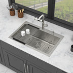 Brushed Nickel Drop-In Kitchen Sink with Pull-Out Faucet and Soap Dispenser - Gray