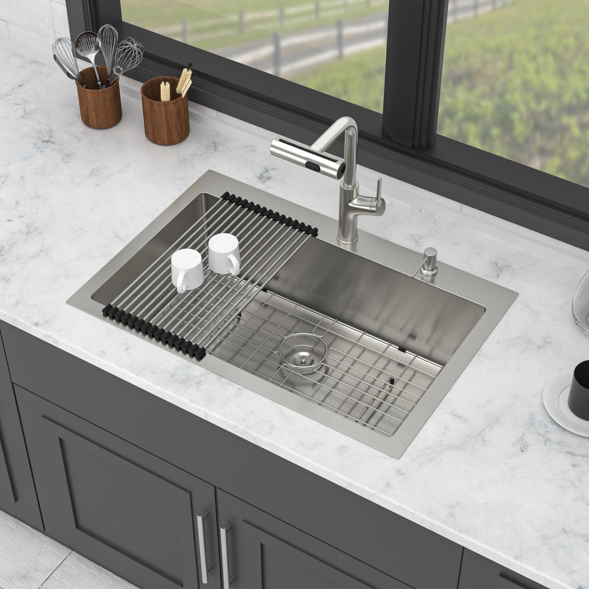 Brushed Nickel Drop-In Kitchen Sink with Pull-Out Faucet and Soap Dispenser - Gray