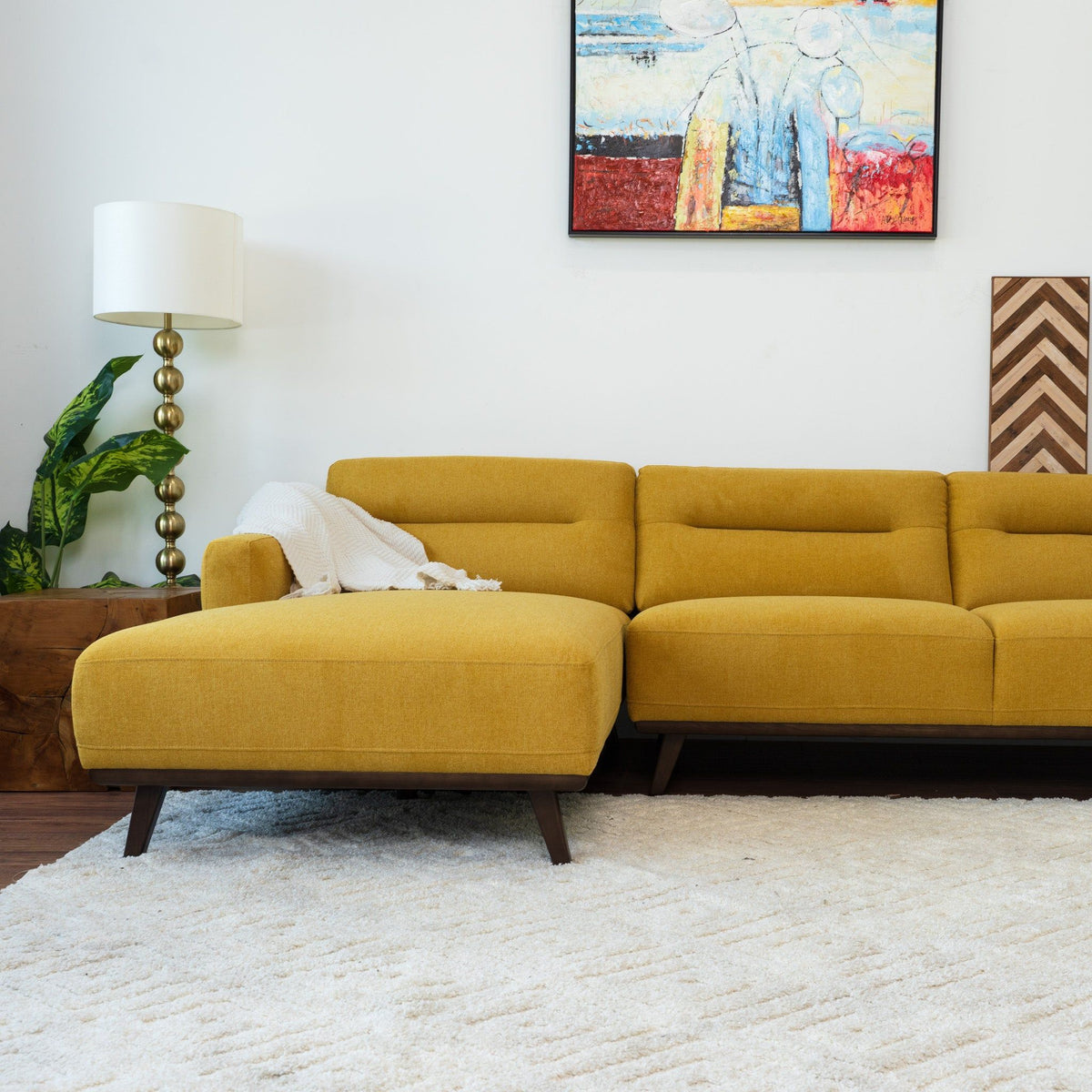L-Shaped Sectional Couch with Solid Wood Frame and Vegan Upholstery - Yellow or Light Brown