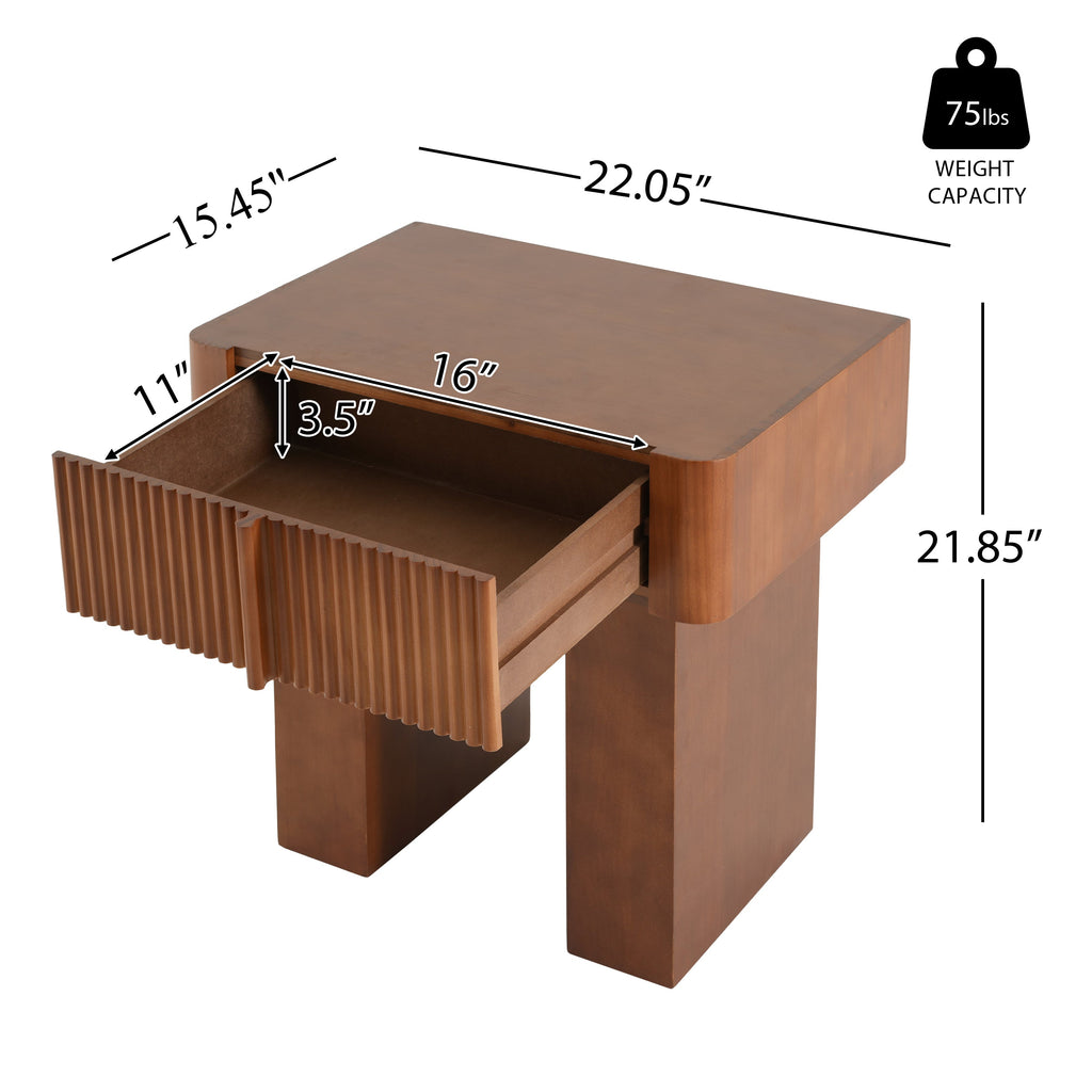 Wood End Table with Drawer with Fluted Front - Walnut